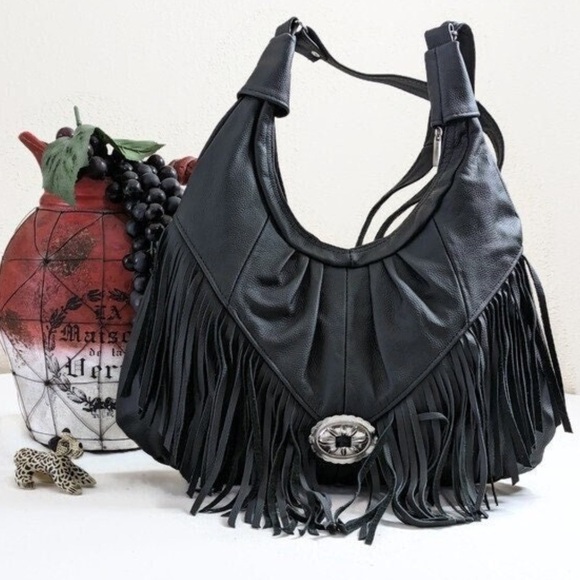 Leather Western Fringe Crossbody Bag Black Hobo Concho Bag 15 x 14 NWOT - Picture 14 of 17